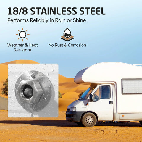 RV water inlet connection, 18/8 brushed stainless steel with check valve