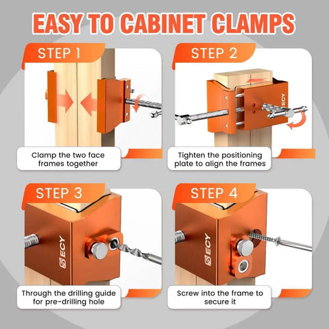 Step-by-step guide using two pack cabinet clamps for face frame alignment, anodized aluminum alloy, for woodworking and DIY projects.