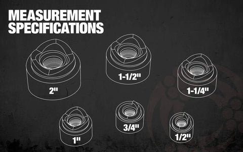 Measurement specifications for knockout punch driver kit holes from 1/2 inch to 2 inch for knockout punch driver kit for precise hole cuts.