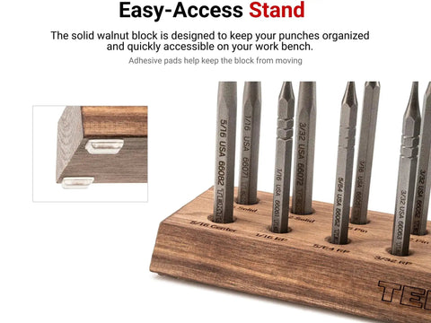 Do It All Punch Set With Walnut Block For Metal And Woodworking, 18 Piece Kit with punches displayed on wooden block