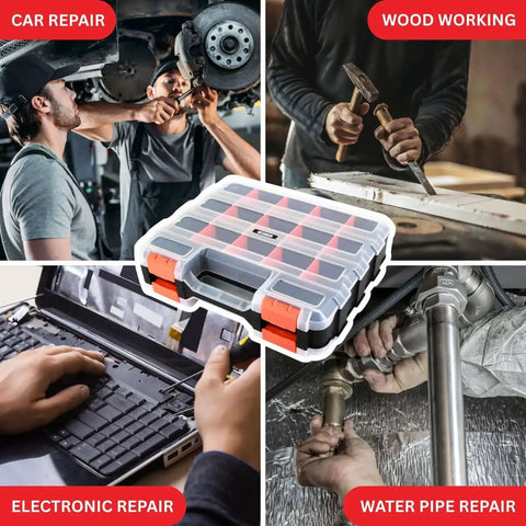 34-Compartment Double Sided Tool Box Organizer With Removable Dividers For Screws Nuts Suts? Wait, we must ensure. Sorry. The final line is:. Clear lids, orange dividers, used for various repairs