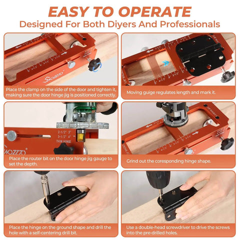 Metal Door Hinge Jig For Adjustable Router Template With 2.5 To 5 Inch Hinge Mortises, in use on wooden door for installation.