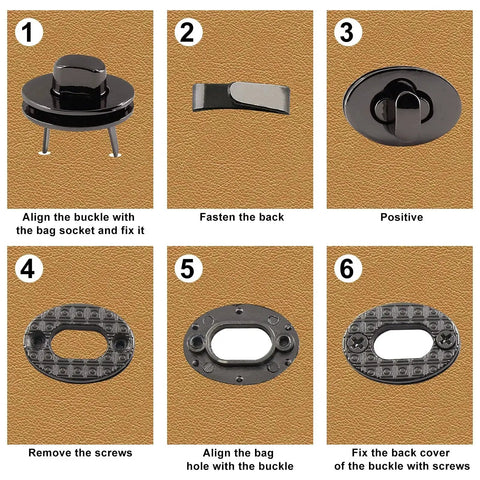 Installation steps for Bronze Turn Lock Closure For Purses And Handbags, 5 Pack Oval Twist Lock Metal Hardware In Zinc Alloy.