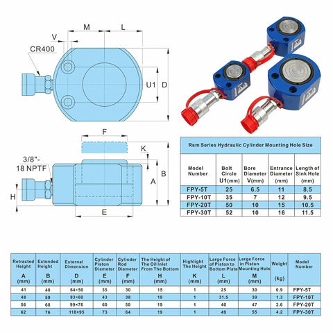 Technical diagram of Low Profile 5 Ton Hydraulic Ram Cylinder With 7mm Stroke For Confined Spaces, dimensions and specs shown
