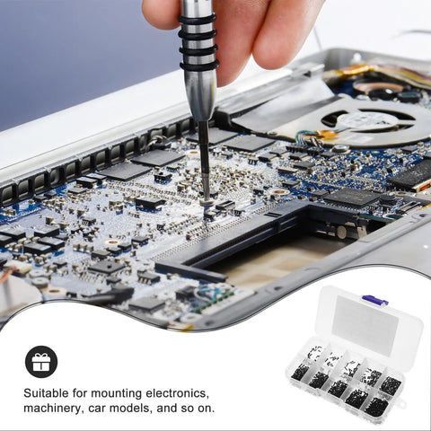 1000-Piece Small Round Head Self-Tapping Screws Set M1.3 M1.4 M1.5 For PCB Electronics And Metal Fastening, shown in use on PCB