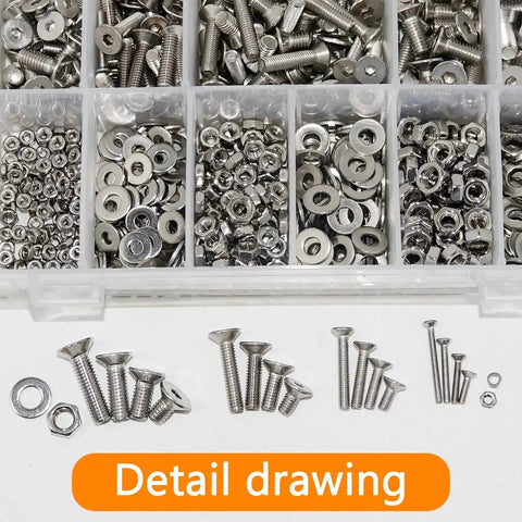 Detail view of 1270 Piece Stainless Steel Screw Kit M2 To M5 For 3D Printing Includes Allen Head And Flat Head Countersunk Bolts Metric Bolts Nuts Washers And Wrenches In Silver