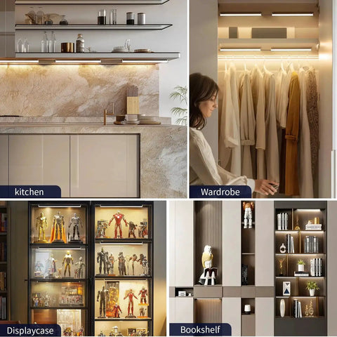 Six Pack Under Cabinet Lighting With Touch Control LED Light Bars installed in kitchen, wardrobe, display case, and bookshelf settings.