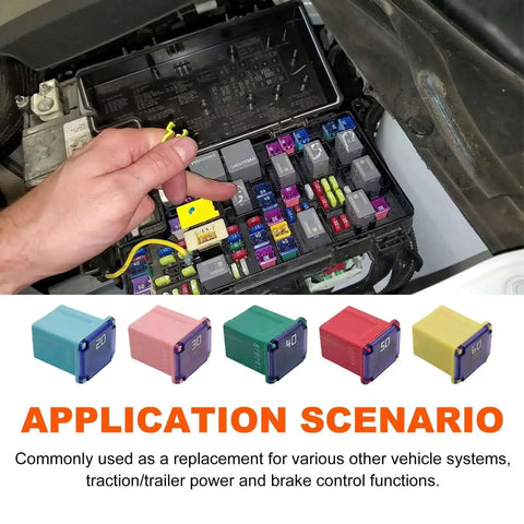 Hand installing square fuse in car with 10 Pack Car Square Fuses Low Profile Box Kit All In One With 20A 30A 40A 50A 60A