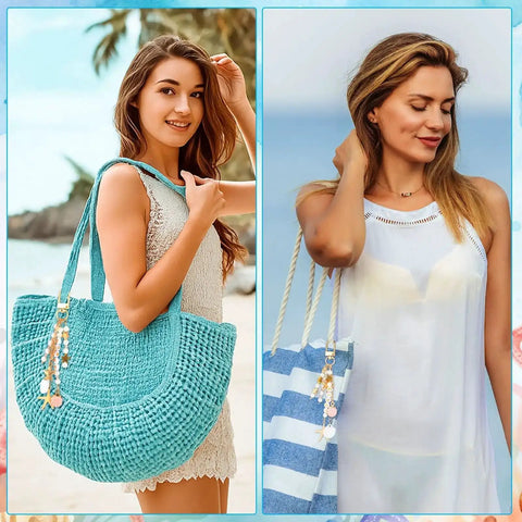 Women on beach holding tote bags adorned with Seashell Keychain Making Kit With 776 Pieces Including Alphabet Beads, Pendants, Charms