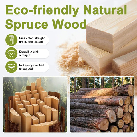 Eco-friendly natural spruce wood showing pine color, straight grain, durability, and logs in a forest setting