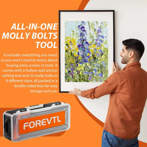 Man installing picture using Molly Bolts Drywall And Plaster Walls Kit With 32 Pieces In 8 Sizes Includes Screws And Molly Bolts Setting Tool Heavy Duty Hollow Wall Anchors Holds Up To 65 Lbs For TV Mounts Pictures Mirrors Shelves.