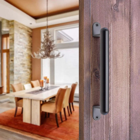 12 Inch Barn Door Pull Handle Heavy Duty Sliding Door Pull For Gate Closet Garage Drawer Towel Bar Stairs Black Finish Durable Steel Construction For Interior And Exterior Use Anywhere installed on wooden door