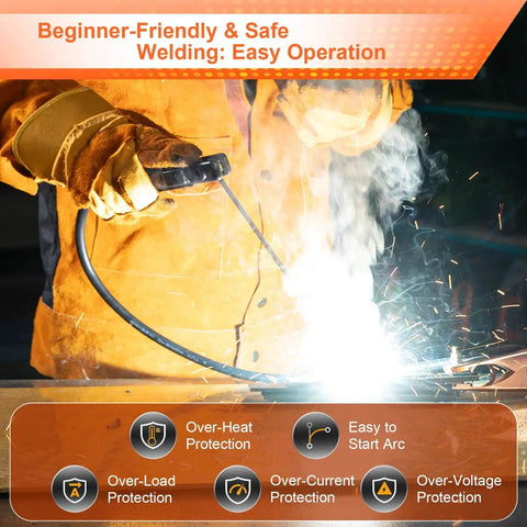 Operator using 200 Amp Stick Welder 110V Portable Inverter with Synergic Control, gloves visible, arc formation.
