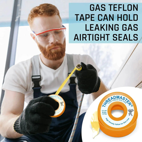 Man applying Yellow Gas Teflon Tape For Pipe Threads, 260 Inch Length, One Half Inch Width, Propane And Natural Gas Sealant