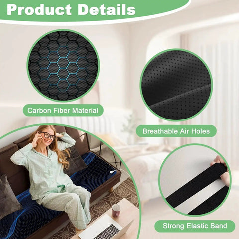 Woman relaxing on Grounding Bed Mat For Sleep And Recovery 54x78 Inch with carbon fiber PU leather and breathable air holes.