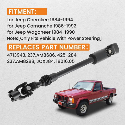 Adjustable Length Power Steering Intermediate Shaft For Jeep Cherokee 1984-1994 shown with vehicle compatibility list.