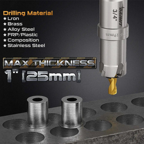 Beefy Heavy Duty 19-Piece TCT Hole Saw Kit for Metal Stainless Steel Iron Wood Plastic in use on metal plate