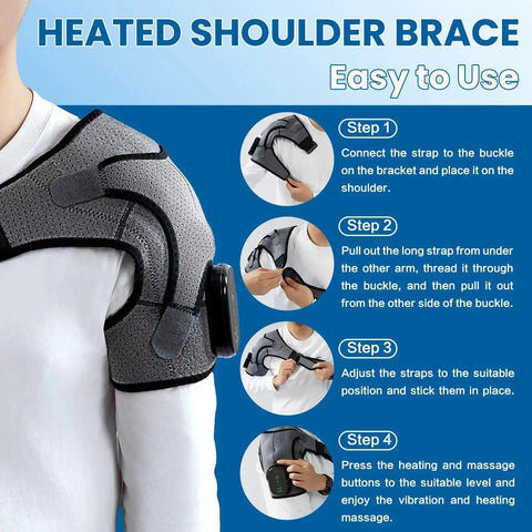 Person wearing the Cordless Shoulder Heating Pad With Massage On The Go, showing adjustable straps and control settings.