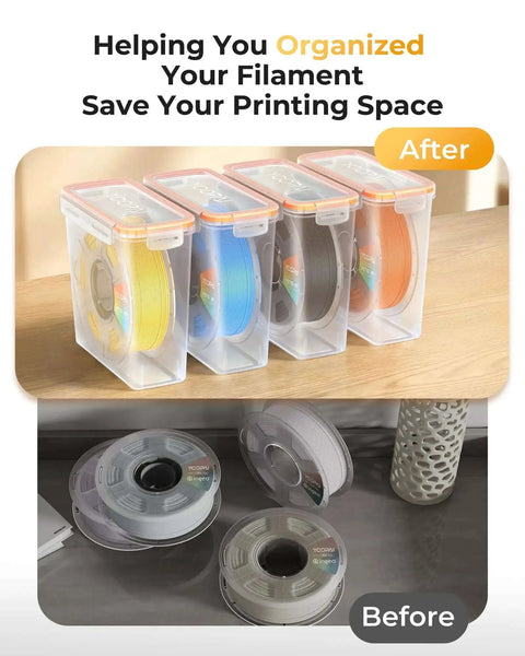 Comparison of disorganized 3D printer filament spools versus organized Pro Filament Storage Box for Single 1Kg 1.75mm Spools Airtight Container.