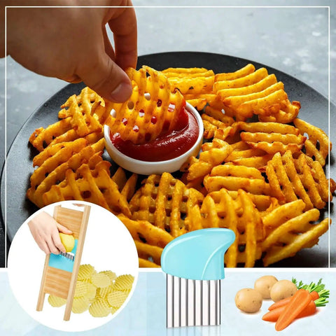 Make Waffle Fries And Crinkle Cut Potatoes With This 2 Piece Stainless Steel Cutter Set Blue For Home Kitchen Includes Potatoes Slicer And Carrot Chip Maker A Versatile Wave Style Kitchen Tool