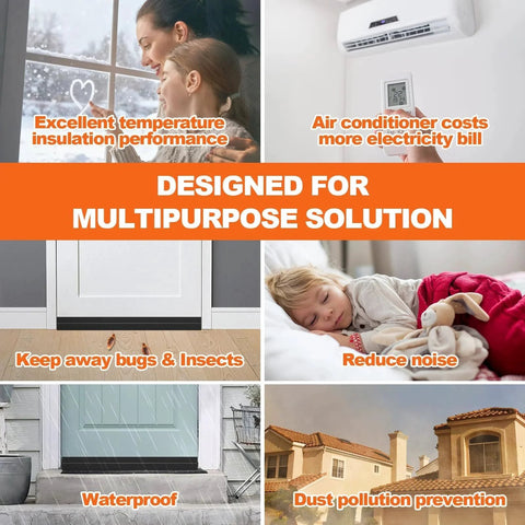Door Draft Stopper For Bottom Of Door Silicone Adhesive Door Sweep Weather Stripping Gap Filler Soundproofing Cold Air Insulation Save Energy Easy Install Black 39 Inches By OXRQ collage illustrating various benefits such as insulation, noise reduction, and dust prevention.