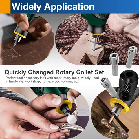 Four Piece Rotary Tool Collet Set With Clamping Nut in use on various projects, showing compatibility with Dremel and most rotary tools.