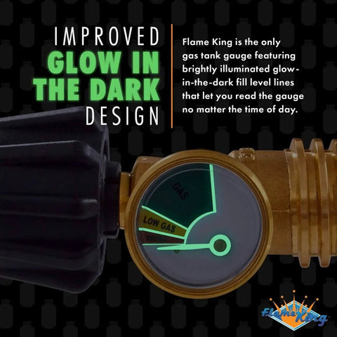 Close-up of Propane Tank Gauge Level Indicator And Gas Pressure Meter with glow-in-the-dark dial on solid brass, universal fit