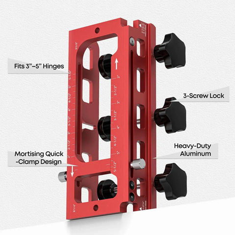Pro Grade Aluminum Door Hinge Jig And Router Template For Diy Woodworking, Adjustable Door Mortiser, red with clamp design