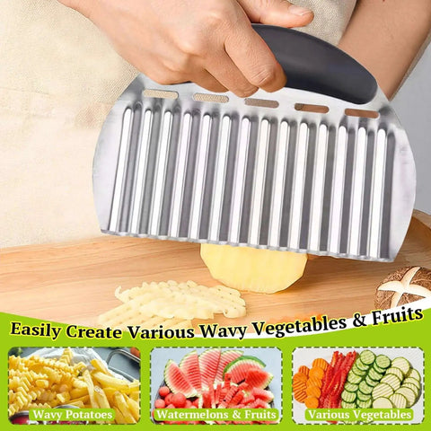 Large Crinkle Cutter For Fries And Veggies With Handle Stainless Steel Wavy Slicer in use slicing a potato on a kitchen counter
