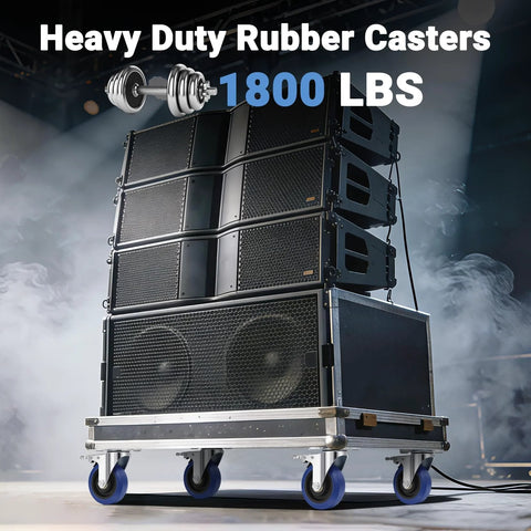 Stacked audio equipment on 4 Inch Soft Rubber Caster Wheels With Brakes Heavy Duty Plate Swivel Castors Industrial Grade 1800 Lb Capacity Blue Floor Safe Casters For Road Cases Dollies Equipment And Machinery Cushioned Shock Absorption For Smooth Quiet Rolling.