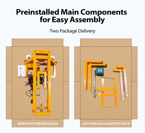 CareArise electric pallet stacker in orange; two-view setup showing pre-installed main parts and fork/base battery kit