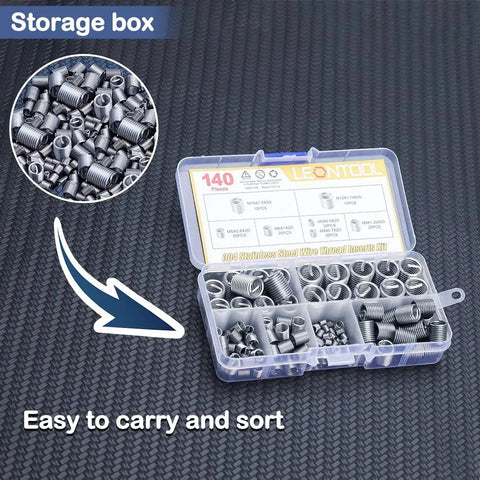 Thread Repair Kit With 140 Pcs 304 Stainless Steel Helical Wire Inserts M3 To M12 In 10 Compartment Storage Box