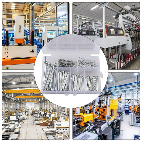 230 Piece 304 Stainless Steel Cotter Pins And Hairpin Pins Kit in case with industrial machinery background.