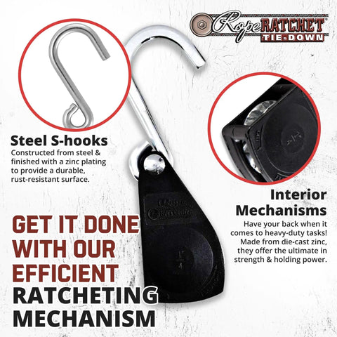 Heavy Duty Rope Ratchet Tie Down Pulley Hanger With Locking Mechanism For Easy Tensioning Of Shade Sails Hammocks Canopies And Outdoor Gear Works With One Quarter Inch Rope And Delivers A 150 Pound Capacity No Rope Included, featuring steel S-hooks and interior mechanisms