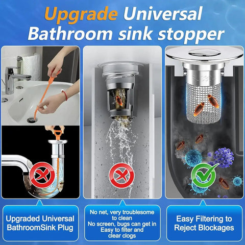 Two Pack Pop Up Sink Drain Hair Catcher With Removable Stainless Strainer Basket showing installation and filtration features