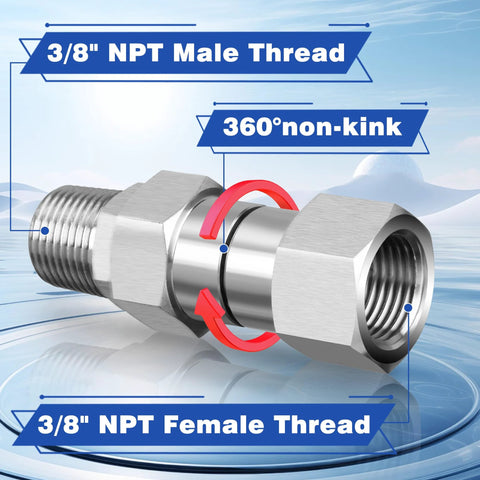 3/8 in NPT pressure washer swivel fitting, male-to-female anti-twist connector, 360-degree rotation, 2 pcs