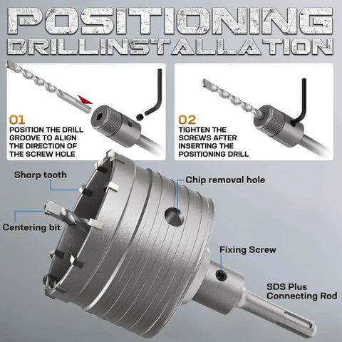 Durable Concrete Hole Saw Kit Set Of Twenty With Three Drill Bits And SDS Plus And SDS Max Shank For Masonry Drilling Through Concrete Brick Stone Walls 30 40 50 65 80 100 110mm By DAIMIT showing drill positioning and installation steps.