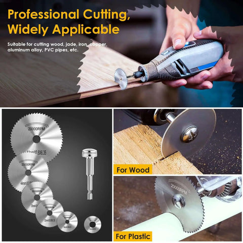 Pro Grade HSS Rotary Drill Saw Blades Set With Quarter Inch Hex Shank Six Piece Kit shown cutting wood and plastic.