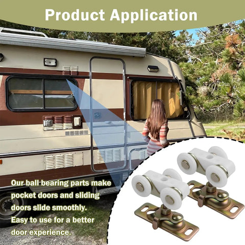 Image of 2 Pack Three Quarter Inch Pocket Door Rollers Replacement Wheels With Top Hanger for Sliding Doors, shown near a trailer with a sliding door.