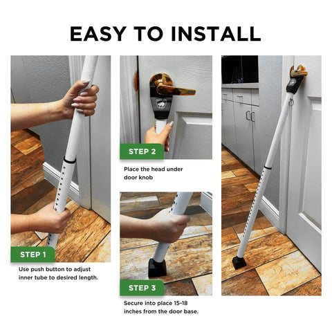Sliding Door Security Bar 2-In-1 Adjustable Door Jammer With 40 Adjustable Positions shown being installed under a doorknob