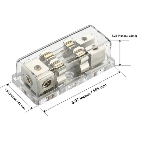 4 To 8 Gauge Car Audio Fuse Holder Fused Distribution Block Converts 4 Gauge In To Two 8 Gauge Out Includes Two 80 Amp Gold Plated Fuses Satin Nickel Screws High Strength Clear Housing For Durability