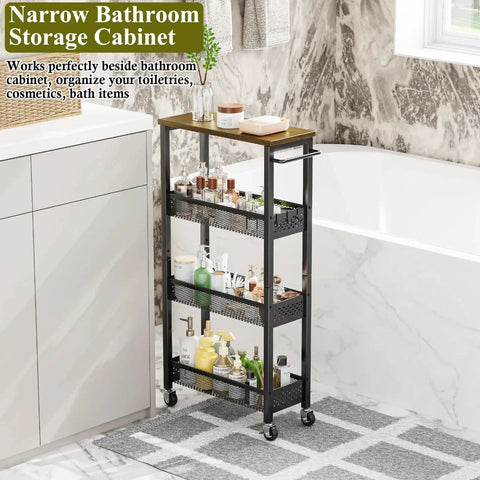 4 Tier Slim Rolling Storage Cart With Wood Top for narrow spaces beside a bathtub, holding toiletries, cosmetics, and bath items.