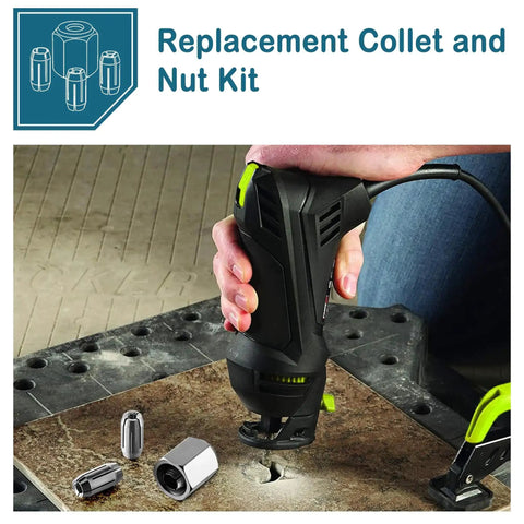 Replacement Collet And Nut Kit For Spiral Saws And Drywall Cutout Tools. Image of collets and nut with tool in use on wood surface.