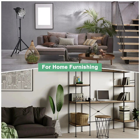 Modern home furnishings with cozy sofas, plants, and stylish shelving units in a contemporary living room setting.
