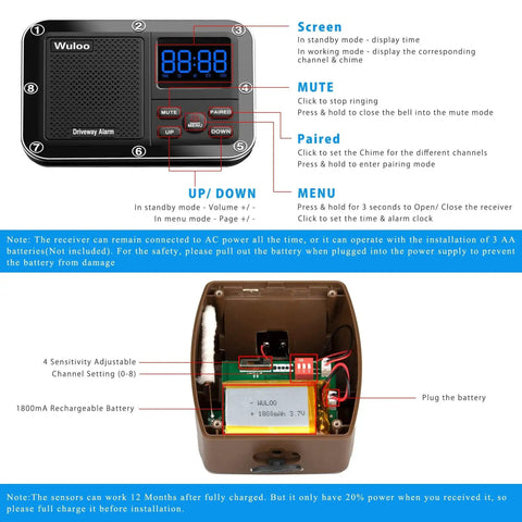 Wireless Driveway Alarm System With Outdoor Motion Sensor, 1800 Ft Range, weatherproof receiver components, rechargeable battery
