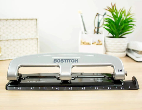 EZ Squeeze Three Hole Punch For 12 Sheets No Jam 50 Percent Less Force Heavy Duty Metal Construction With Built In Ruler