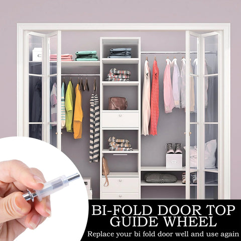 Hand holding part of Spring Loaded Bi-Fold Door Top Roller Guide Wheel And Pivot Kit 4 Pack Hardware Repair Kit near closet.