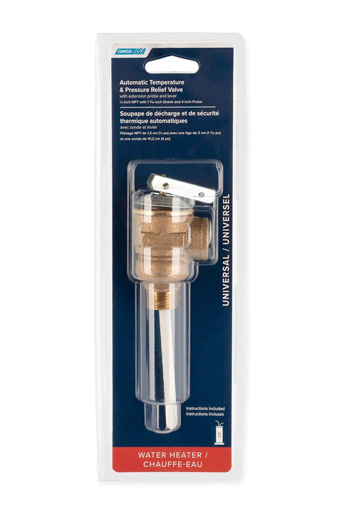 Camco 1/2 in water heater temperature and pressure relief valve with 4-inch epoxy-coated probe, brown