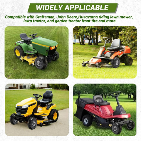 Four riding mowers including John Deere, Craftsman, Husqvarna with front lawn mower tire and wheel assembly for lawns and gardens