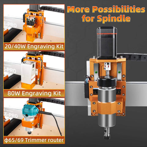 Pro Grade CNC Router XE PRO 3 Axis Engraving Milling Machine with various spindle options for wood and aluminum cutting.